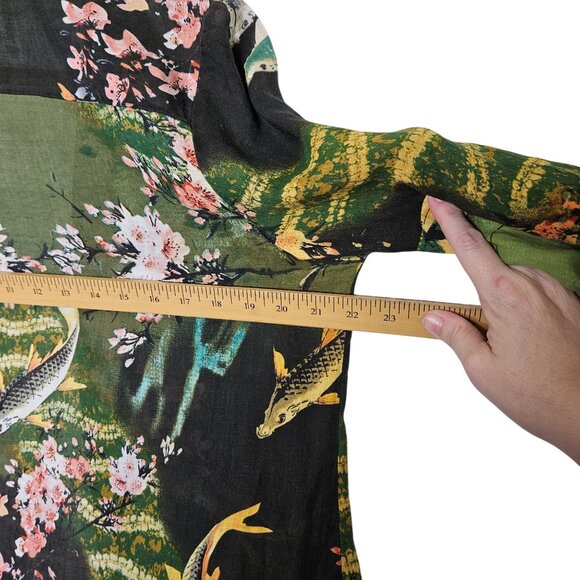 Citron Santa Monica Green Kimono Jacket Koi Cherry Blossom‎ Print L Open Front - Picture 6 of 7